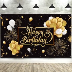 Vibrant Birthday Backdrop Banner 72.8×43.3in – Glittering Black and Gold Design