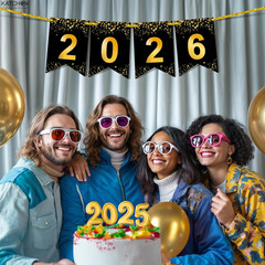 , Large New Year Banner 2026 Sign-8 Feet, No DIY | Black and Gold Banner 2026| N