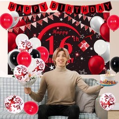16th Birthday Decorations Red Black, Sweet 16 Party Supplies, Banner, Balloons,