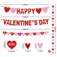 Happy Valentine’s Day Banner, Valentine’s Day Decorations Pre-Assembled Red Pink