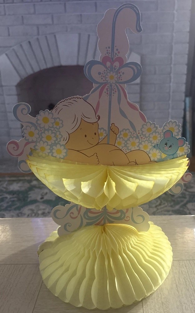 Vintage Baby Shower Decorations Honeycomb Umbrella Yellow Pink Blue