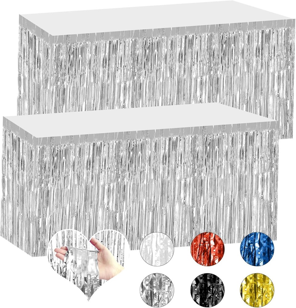 2 Pack 29.5×108 Inch Silver Foil Tinsel Fringe Table Skirts, Disposable Table