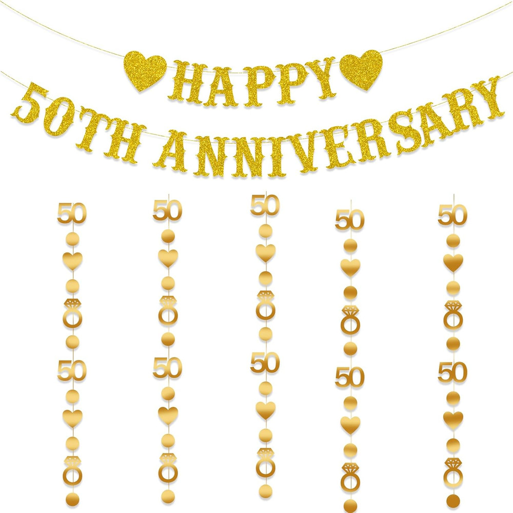 50Th Anniversary Decorations, Gold Glitter Happy 50Th Anniversary Banner with 50