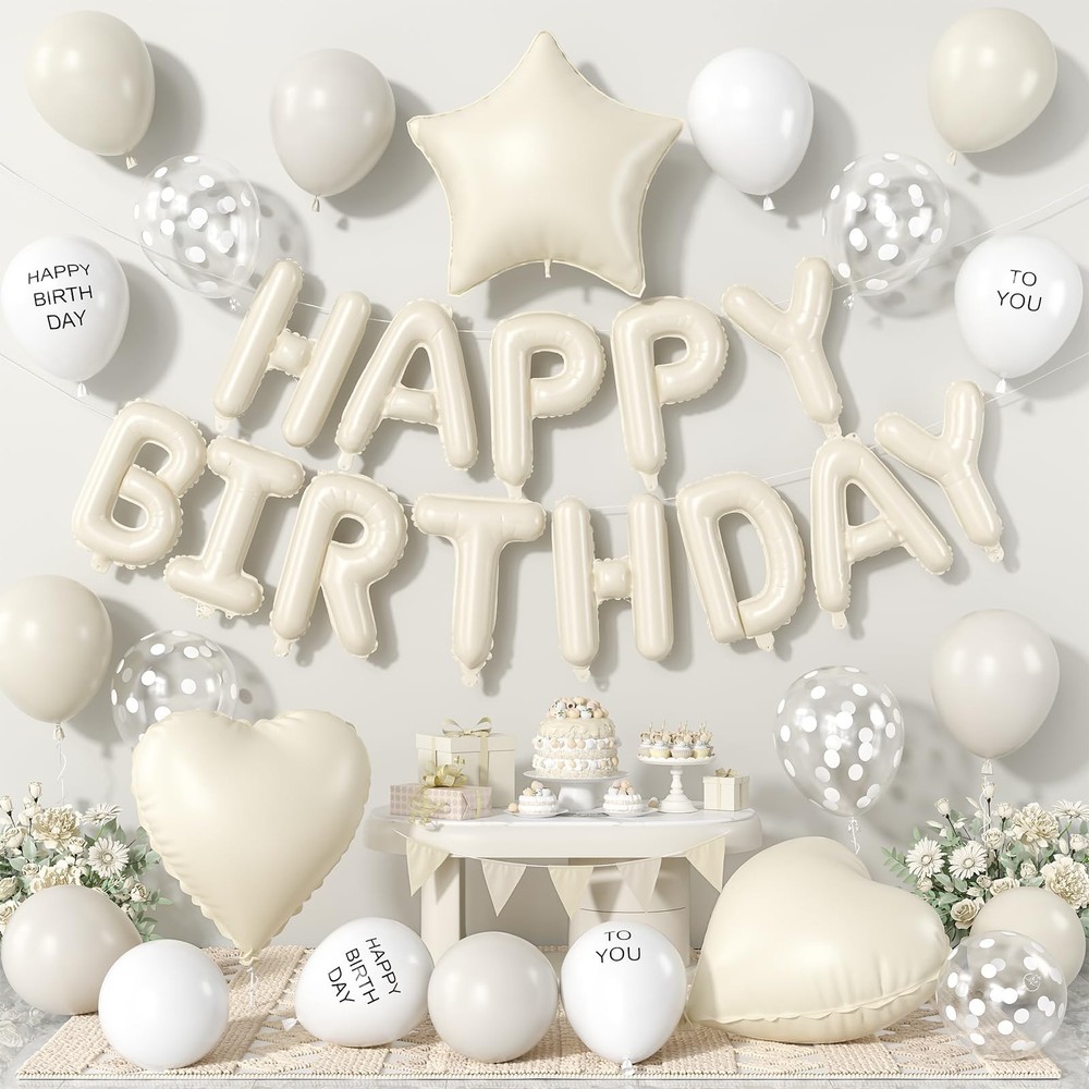 Cream White Birthday Decorations,Happy Birthday Banner with Heart Star Foil B…