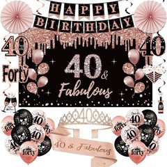 40th Birthday Party Supplies Kit – 33pcs Black & Rose Gold Decorations, Banner,