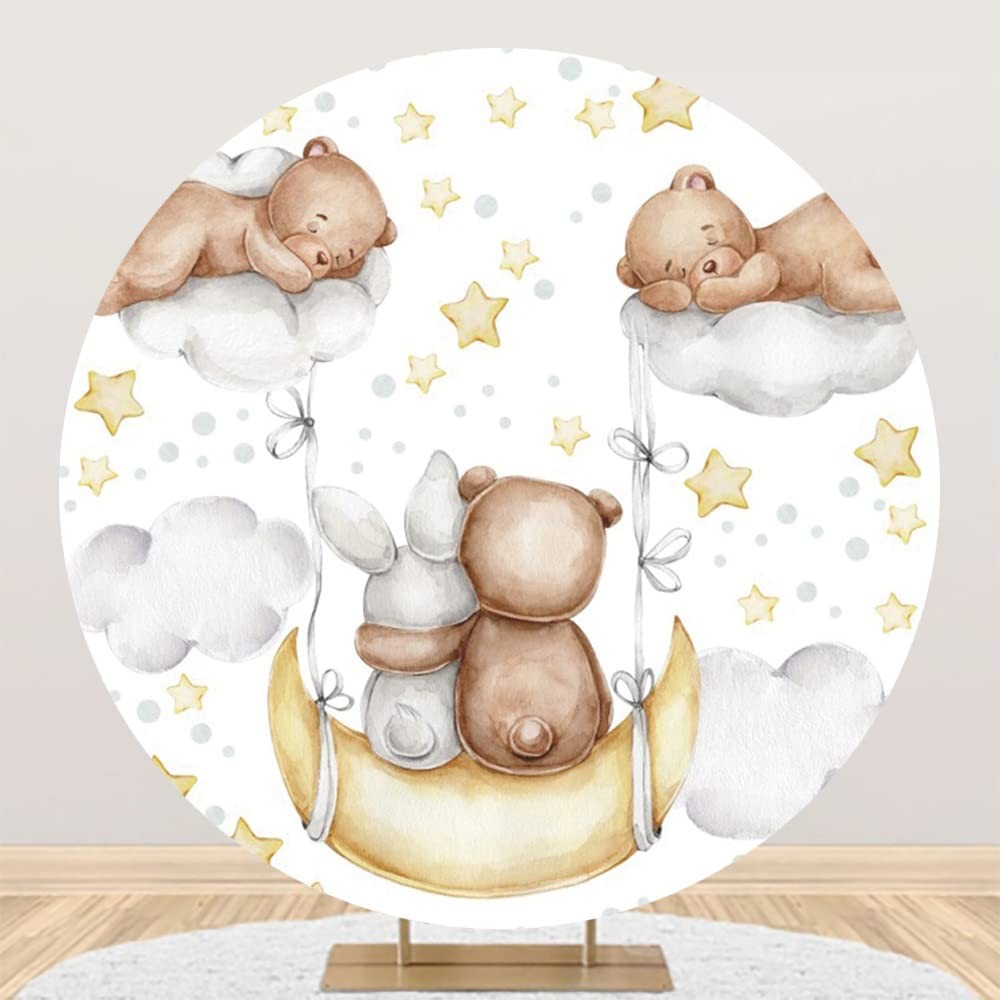 Baocicco 6ft Cartoon Bear Rabbit Round Backdrop White Clouds Watercolor