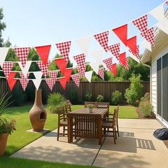 Red and White Gingham Fabric Bunting Banner, 32Ft Cotton Burlap Triangle Garl…