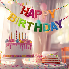 Happy Birthday Banner Felt Ball Garland Colorful Dainty Pre-Strung Rainbow Birth