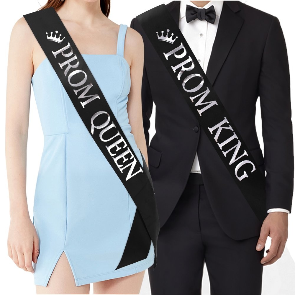 2 PCS Black Silver Prom King Queen Sashes Graduation School Party Accessories