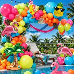 Flamingo Tropical Balloon Arch Garland Kit with Hot Pink Lime Green Orange Ye…
