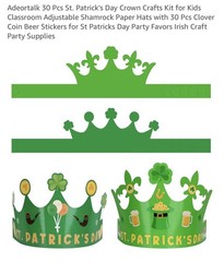 Hooqict St. Patrick’s Day Paper Crown Craft Kit 30 Pack Shamrock Coin Stickers