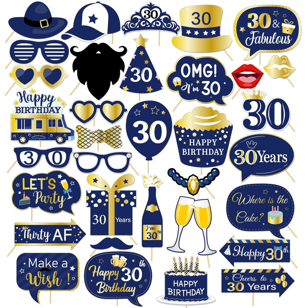 30th Birthday Photo Booth Props 34 PCS Blue Gold Party Table Decorations