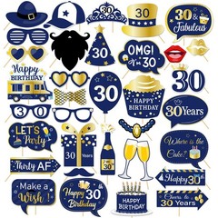 30th Birthday Photo Booth Props 34 PCS Blue Gold Party Table Decorations