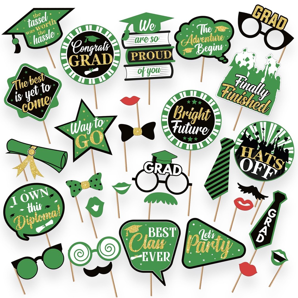 , 2026 Graduation Photo Booth Props – Glitter, Pack of 30 | Black and Green G…