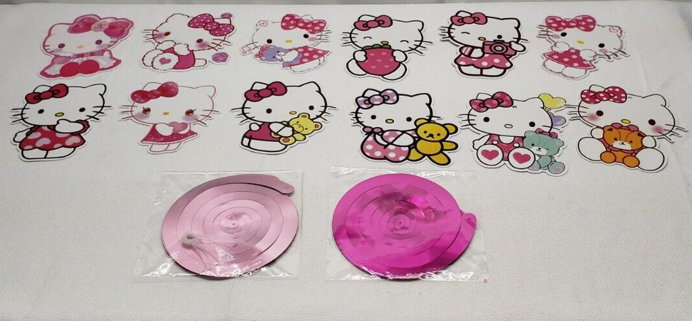 12 Hello Kitty Hanging Birthday Cut-out Party Decorations with Swirls
