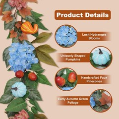 6ft Fall Hydrangea Garland with Blue Pumpkins – Autumn Artificial Floral Pump…