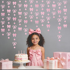Pink Bow Garland Hanging Decorations, 13FT X 3, Cute Pink Bow Circle Bunting Ban