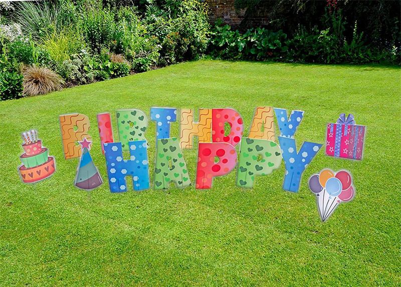 Happy Birthday Yard Sign W Stakes & Extras 17 Pieces