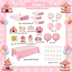 Carnival Circus Party Decor Kit – 2 Striped Awnings, Tablecloth, Banner & Balloo