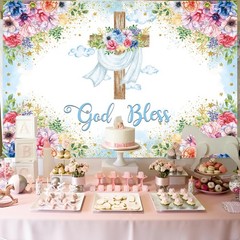 God Bless Backdrop Boy Blue Floral Baptism Party Decoration 7x5FT
