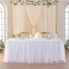Suppromo 6Ft White Tulle Table Skirt for Rectangle Tables or round Tables Tutu T