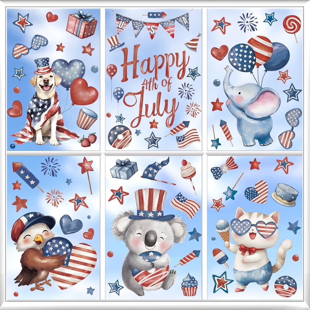 6 Sheets 4th of July Patriotic Window Clings Red Blue Memorial Day Decor