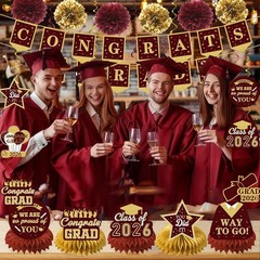 Maroon Gold Graduation Decor Pack 2026 – Congrats Grad Banner, Backdrop, Centerp