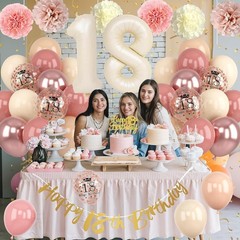 18th Birthday Decorations for Girl Retro Blush Pink Birthday Balloons Happy 1…