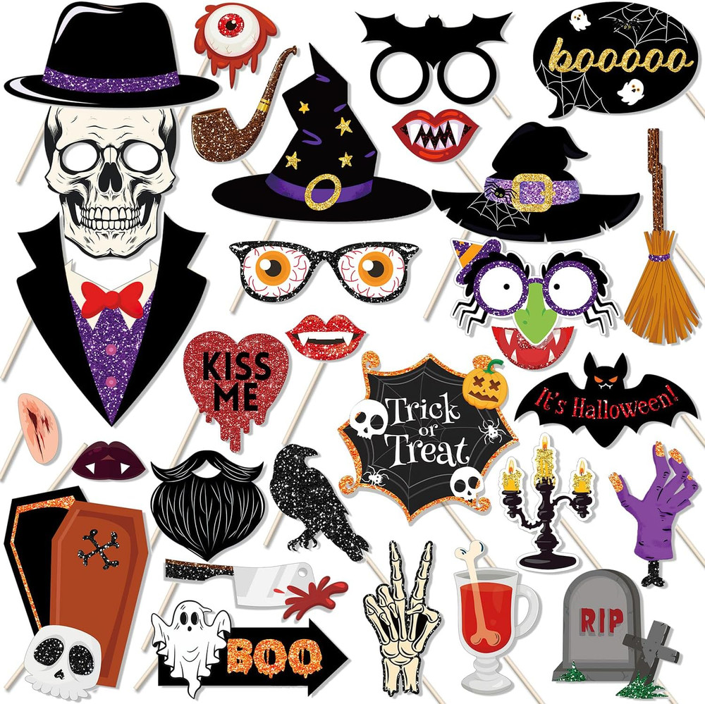 Glitter Halloween Photo Booth Props Set – 30 Pcs for Festive Celebrations