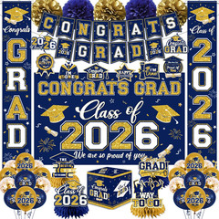 Navy Blue and Gold Graduation Decorations 2026 Set, All-in-1 Kit with Congrats G