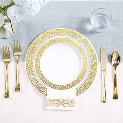 FOCUSLINE 350 Ct Gold Dinnerware Set for 50 Guests, Gold Lace Plastic Plates …