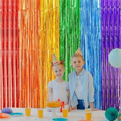 2 Pack Rainbow Foil Fringe Curtains, 3.3X6.6 Ft Metallic Tinsel Backdrop Party D
