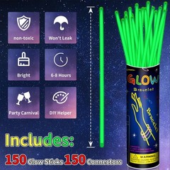 150 Pack 8” Green Glow Sticks Bulk with 150 Connectors Glow In The Dark Party