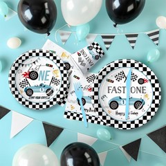 Fast One Birthday Decorations For Boys Tableware – Blue Race Car 1st Birthday Pa