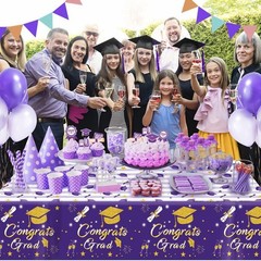 Graduation Tablecloth Party Decorations 2026, 3 Pack Purple Large Size 54″x108″