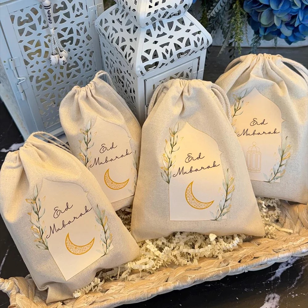 Eid Mubarak Cotton Gift Bags 5pcs Drawstring Ramadan Islamic Party Favor