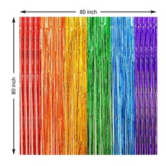 2 Pack Rainbow Foil Fringe Curtains, 3.3X6.6 Ft Metallic Tinsel Backdrop Party D