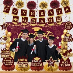 Maroon Gold Graduation Decor Pack 2026 – Congrats Grad Banner, Backdrop, Centerp