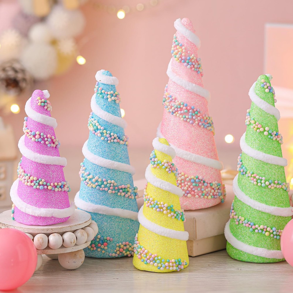 5 PCS Pastel Mini Christmas Trees Wool Plush Wrapped Cone Macaron Colors