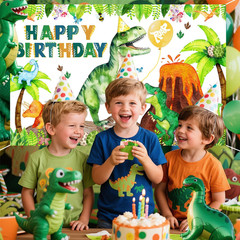 Dinosaur Birthday Backdrop Banner Roar Dino Happy Birthday Jungle Leaves T-Rex D