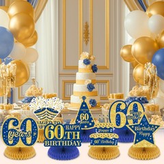 9Pcs Blue 60th Birthday Decorations Navy Gold