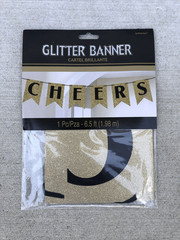 NEW YEAR’S ‘Black Gold Silver» GLITTER BANNER . CHEERS. 6.5 Ft.