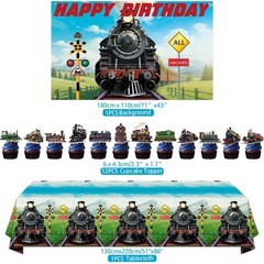 Train Birthday Party Decorations Set – Happy Birthday Backdrop, Plates, Cups, Na