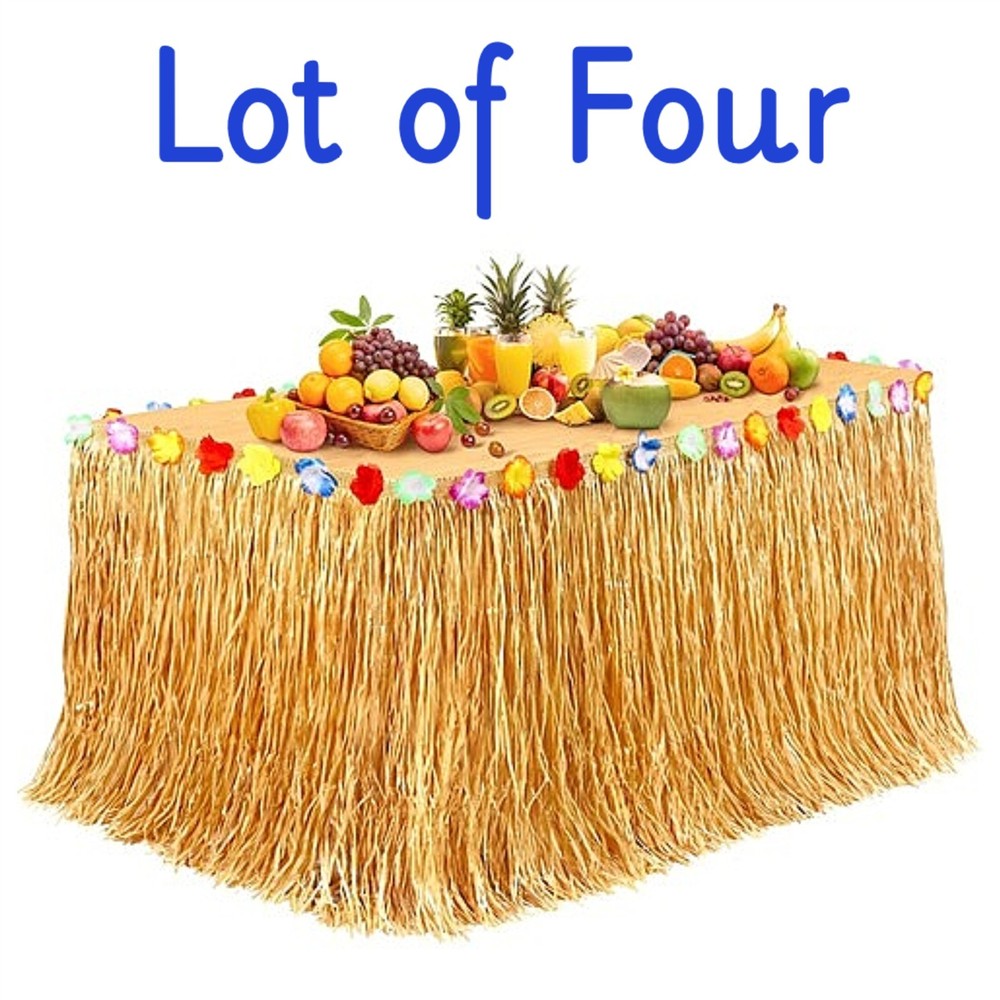 (4) Luau Party 9ft x 29in Grass Table Skirts Gold Silk Flowers Tiki Bar Tropical