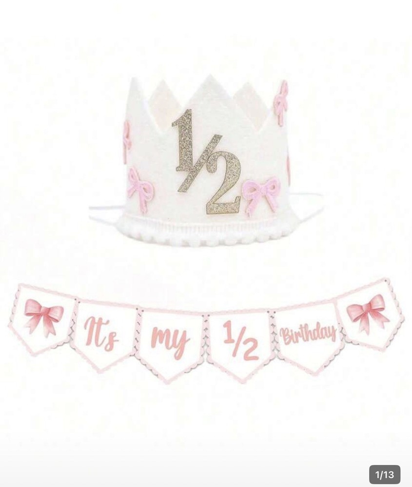 1/2 Birthday Crown Hat & Banner Set Pink Gold White Kids Under 5