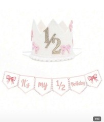 1/2 Birthday Crown Hat & Banner Set Pink Gold White Kids Under 5