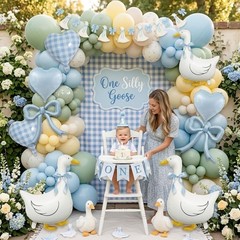 Silly Goose Party Decorations with Goose Banner, Bow & Blue Gingham Balloons,…