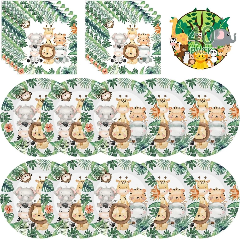 40 Pcs Jungle Animals Party Decorations – Safari Animal Plates and Napkins, Wild