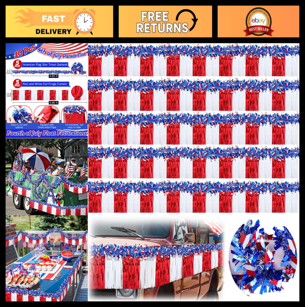 10 Pcs 4th of July Float Decorations, American Flag Fringes & Patriotic Tinsel G