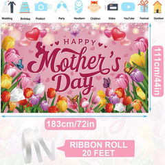 Happy Mothers Day Backdrop Banner 72×44 Inch Pink Party Decoration